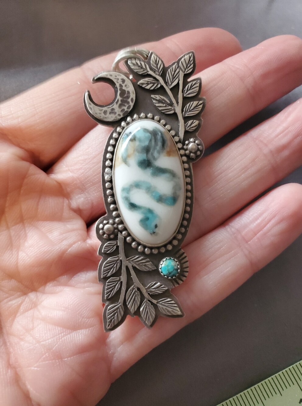 Nightdreamer Porcelain Serpent Cabochon Turquoise Ooak Sterling Silver Pendant